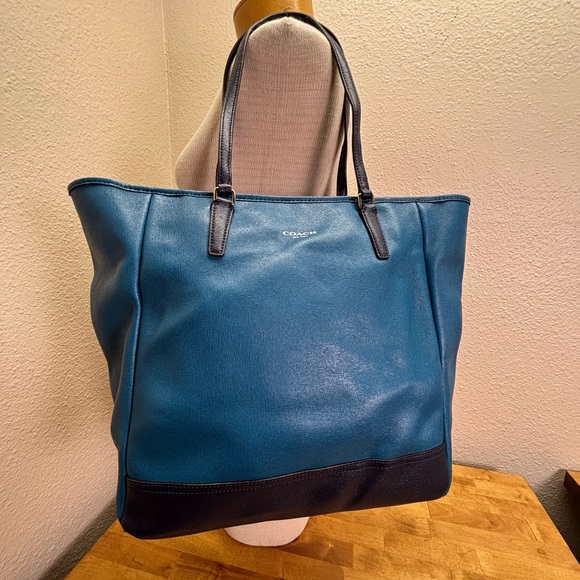 Coach Handbags - Coach Blue Saffiano Leather Colorblock North South Zip Top Tote 23891